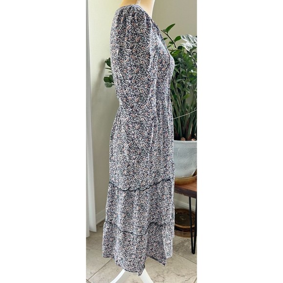 Indigo Rose Floral Midi Dress Long Sleeve Tie Front Layered Elastic Waist Sz S - Picture 3 of 16